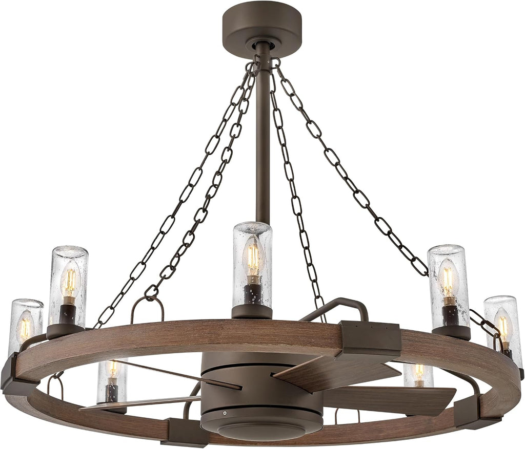 Hinkley Sawyer 36 Inch Extra Large Fandelier Wagon Wheel Chandelier with Fan Outdoor Smart Wagon Wheel Ceiling Fan LED Remote App Control Rustic Patio