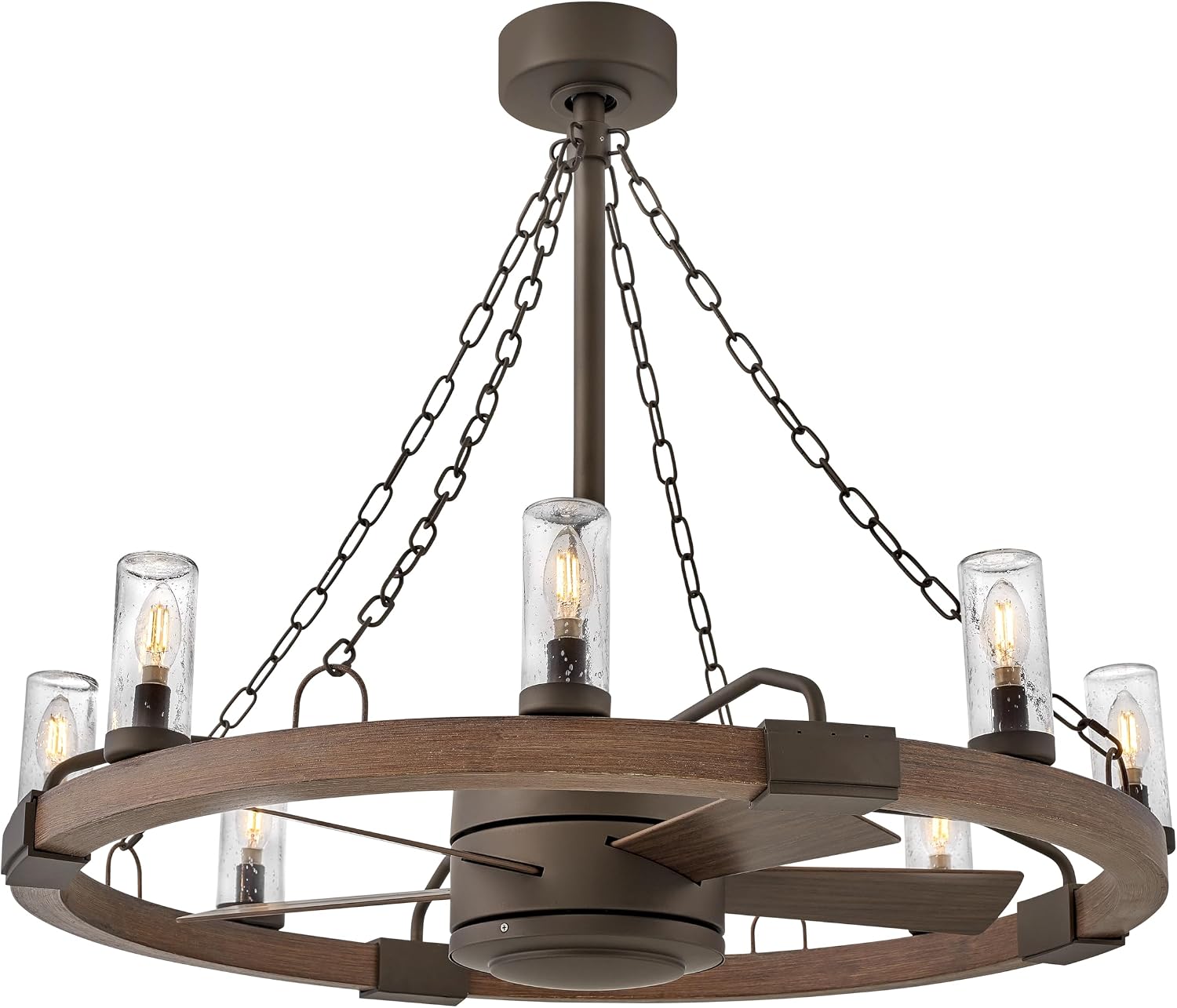 Hinkley Sawyer 36 Inch Extra Large Fandelier Wagon Wheel Chandelier with Fan Outdoor Smart Wagon Wheel Ceiling Fan LED Remote App Control Rustic Patio