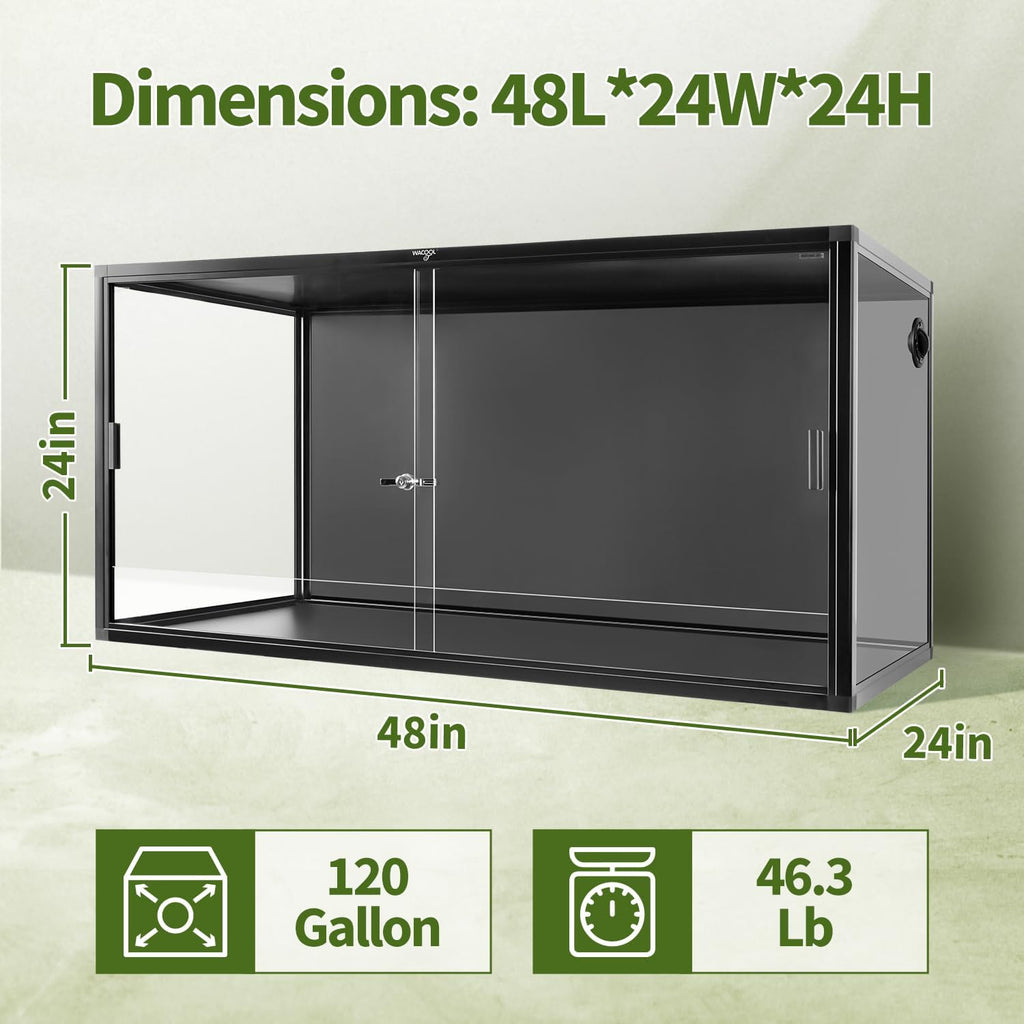 Wacool Terra 120 Gallon Reptile Tank, Large Terrarium for Bearded Dragons, Snakes, Leopard Geckos, Sliding Door & Top Ventilation, 48' x 24' x 24' Easy-to-Maintain Reptile Enclosure