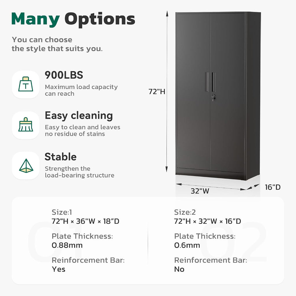 Greenvelly 72' H Metal Storage Cabinet, 36' W x 18' D Black Metal Cabinet with 2 Doors and 4 Adjustable Shelves,Locking Cabinets for Office, Home, Garage, School