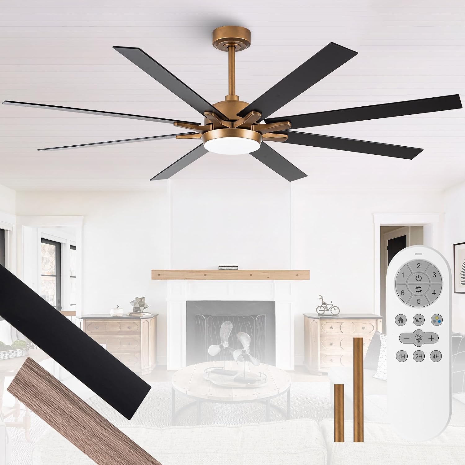 Parrot Uncle Ceiling Fans with Lights 65 Inch Large Ceiling Fan with LED Light and Remote Control Outdoor Ceiling Fans for Patios, Antique Gold, 1 Piece