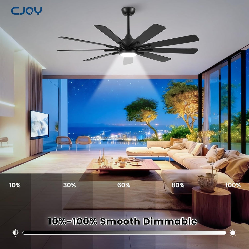 62 Inch Ceiling Fan with Light，Indoor/Outdoor Black Large Ceiling Fans with Lights and Remote for Kitchen Living Room Patio, 9 Blade Reversible Quiet DC Motor,6 Speeds,3 CCT(Dual Finish )