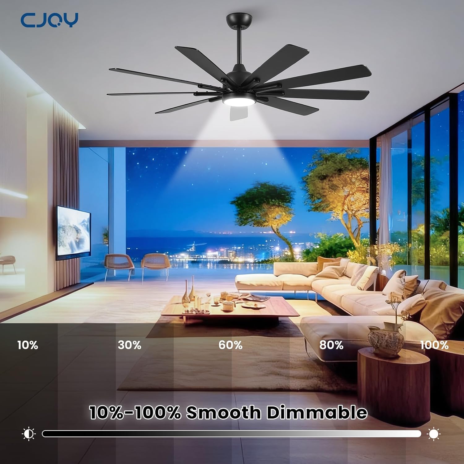 62 Inch Ceiling Fan with Light，Indoor/Outdoor Black Large Ceiling Fans with Lights and Remote for Kitchen Living Room Patio, 9 Blade Reversible Quiet DC Motor,6 Speeds,3 CCT(Dual Finish )