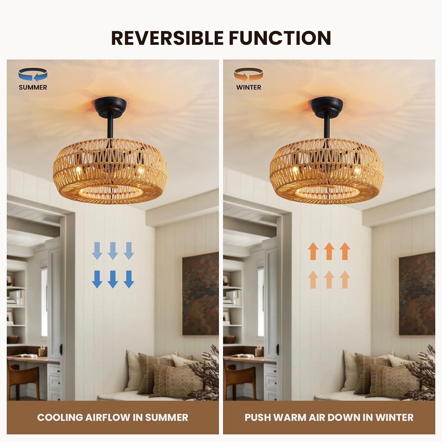 20' Boho Caged Ceiling Fan with Lights Remote Control, Rattan Cage Low Profile Bladeless Ceiling Fan, Farmhouse Ceiling Fans with Light for Kitchen, Bedroom, Dining Room