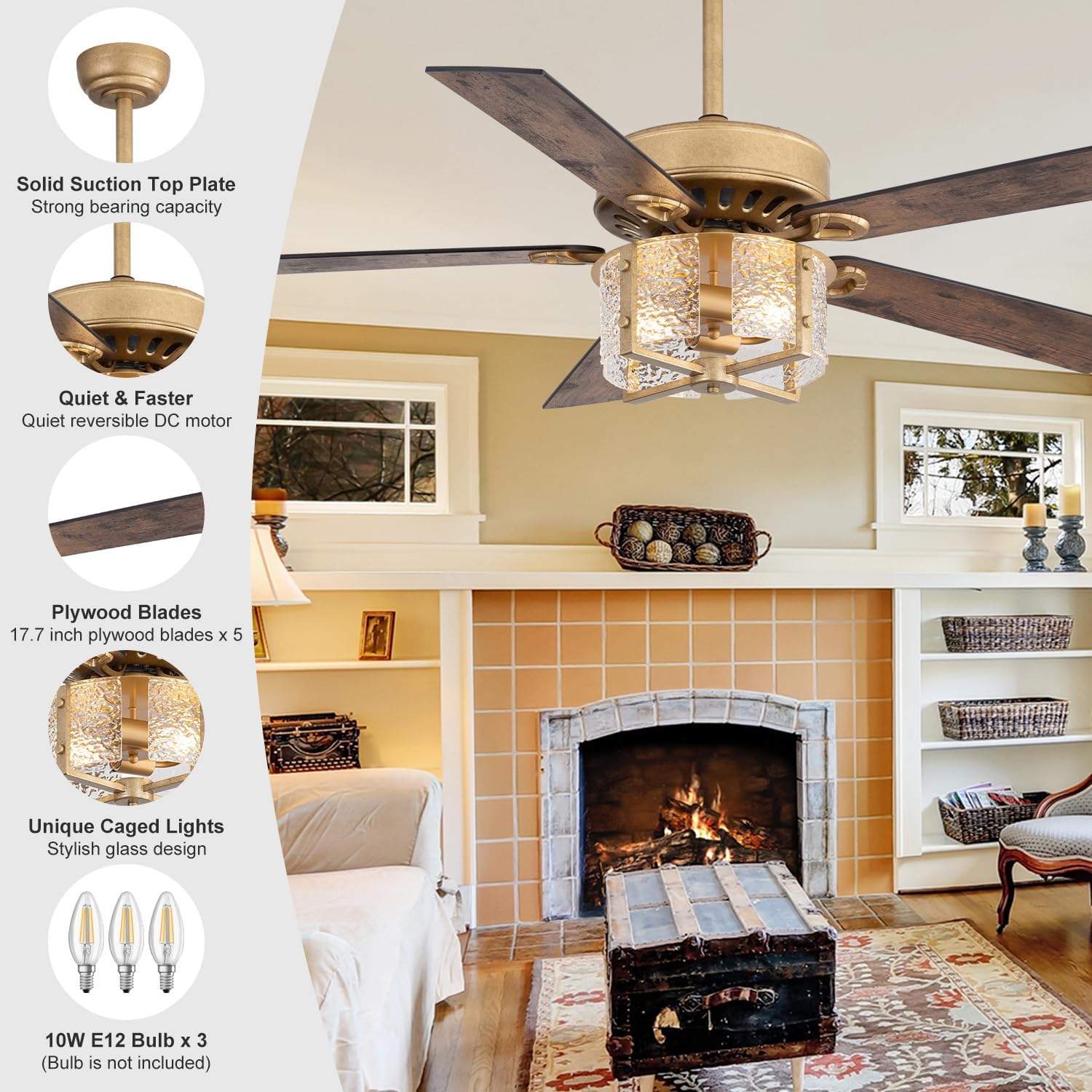 52 Inch Rustic Farmhouse Ceiling Fan with Light Kit & Remote, Ultra Quiet DC Motor, Reversible 5-Blade Design, Antique Light Fixture, Dual Downrod for Low/High Ceilings - Vintage Black Gold
