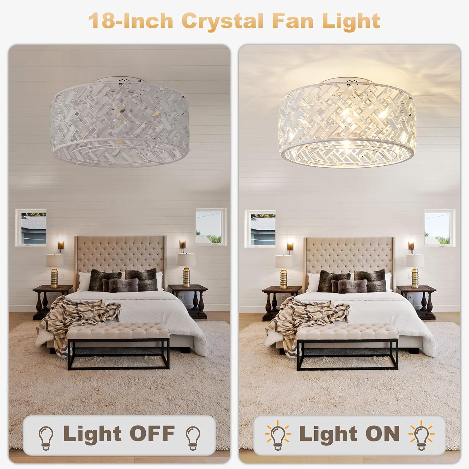 18 Inch Caged Ceiling Fan with Light and Remote, Rustic White Flush Mount Fandelier Ceiling Fan with Remote & App Control, Quiet DC Motor Low Profile Crystal Ceiling Fan for Bedroom, Kitchen