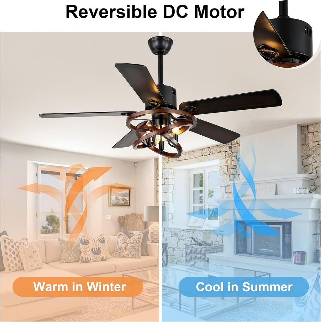 52' Farmhouse Ceiling Fan with Lights and Remote Control, Rustic Fandalier Ceiling Fan DIY Shape Caged Chandelier Light for Living Room Indoor Outdoor, 3 E12 Bulbs (Not Included)