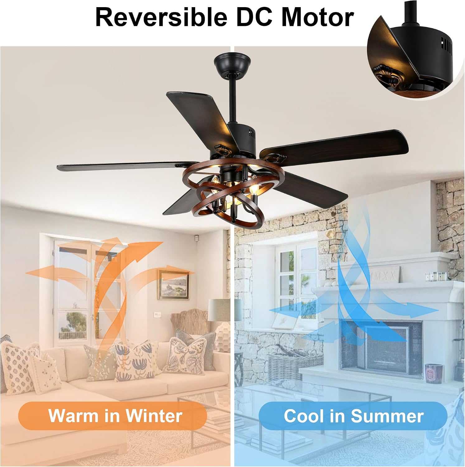 52' Farmhouse Ceiling Fan with Lights and Remote Control, Rustic Fandalier Ceiling Fan DIY Shape Caged Chandelier Light for Living Room Indoor Outdoor, 3 E12 Bulbs (Not Included)