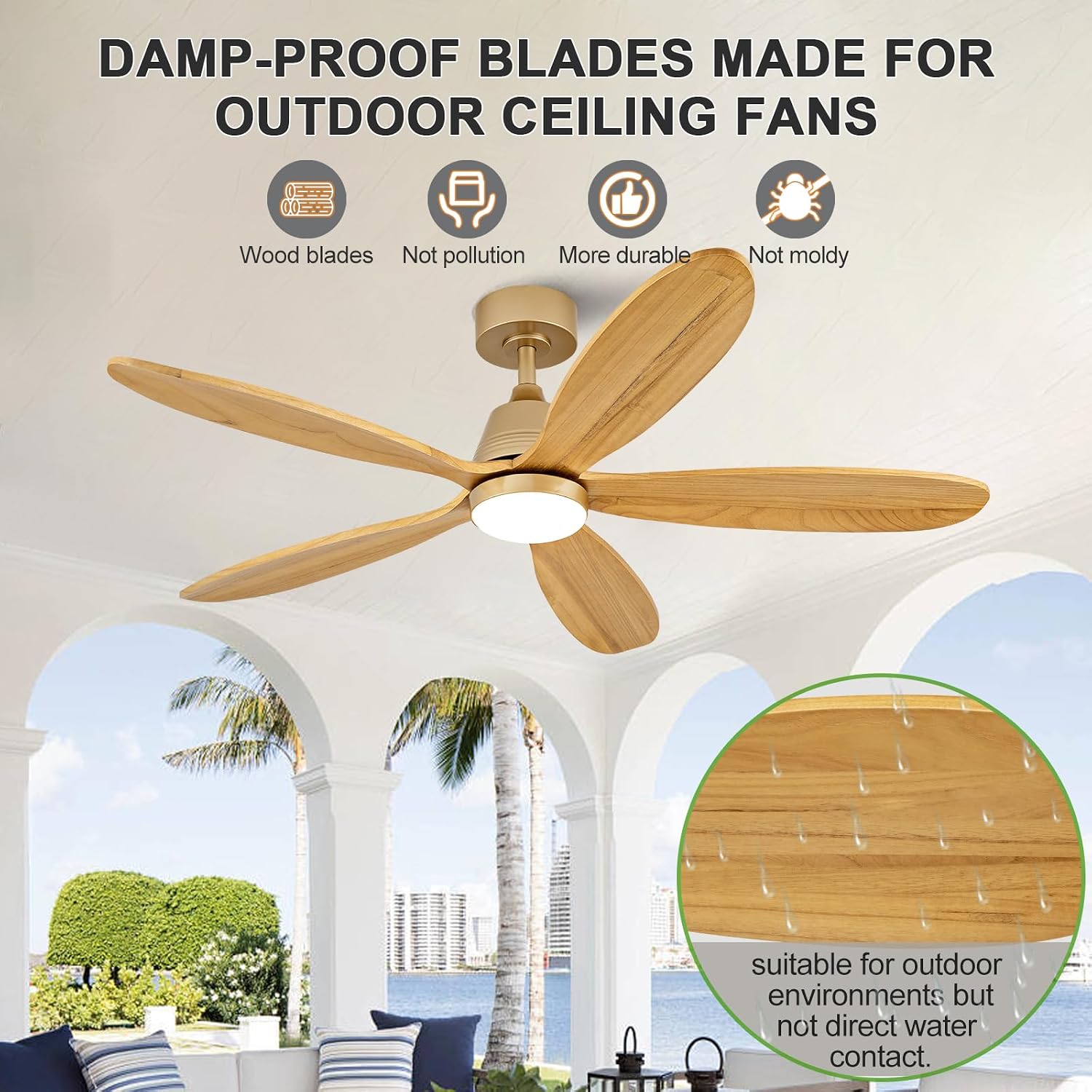 52 Inch Wood Ceiling Fans with Lights and Remote, Modern Outdoor Ceiling Fan with Light for Patio, Wall Switch, Dimmable, 5 Blades, Reversible DC Motor, Memory Function (Gold)