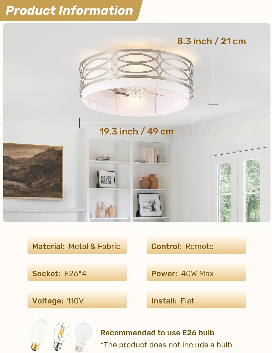 20' Silver Flush Mount Ceiling Fan with Light, Caged Boho Ceiling Fan with Lights Remote Control with 6 Speeds for Bedroom, Living Room, Nursery
