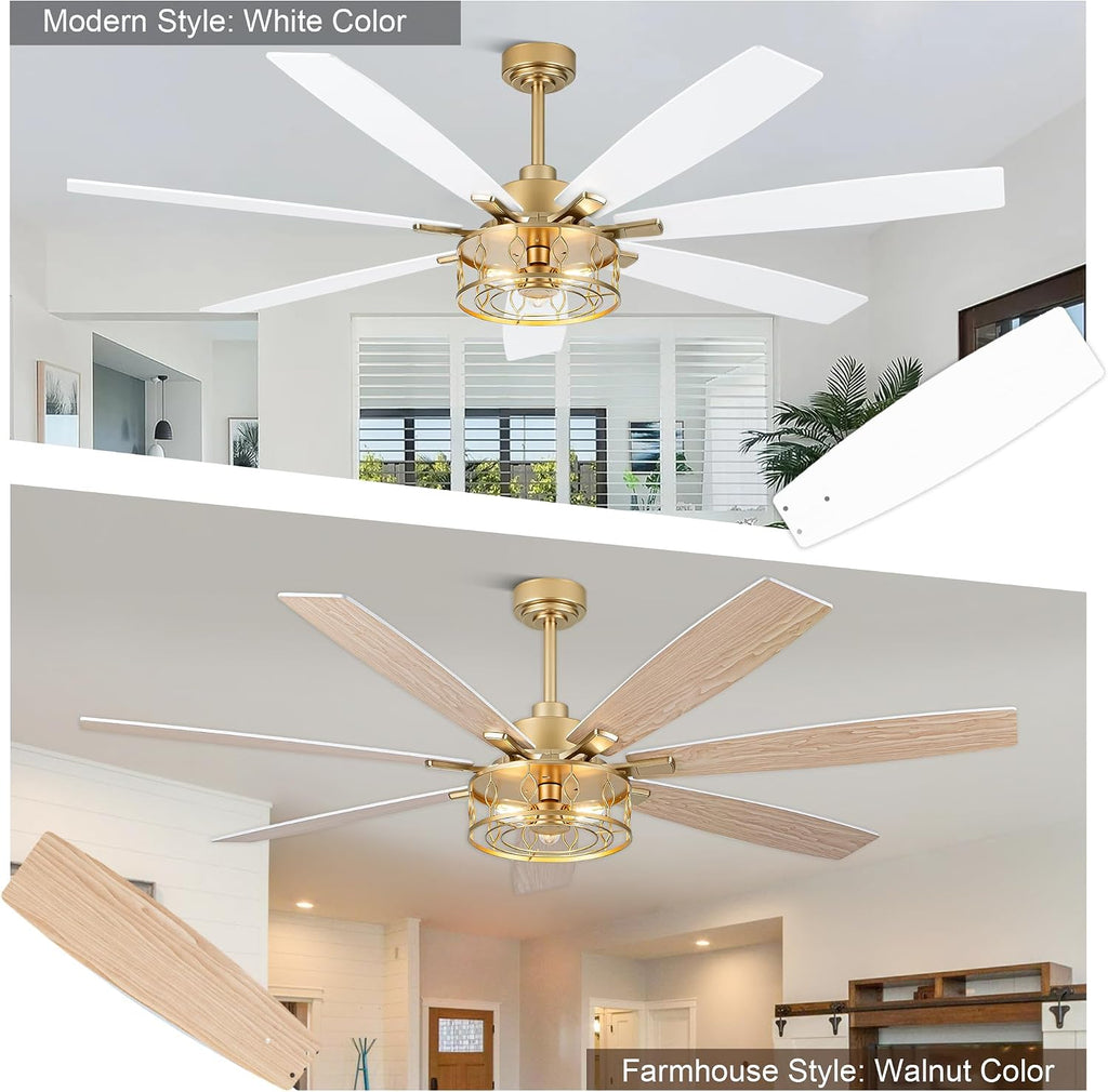 72 Inch White and Gold Ceiling Fan with Lights Fandelier Ceiling Fan Modern Caged Chandelier Farmhouse Fandeliers with Lights and Remote for Living Room Indoor Outdoor, Reversible 6 Speeds