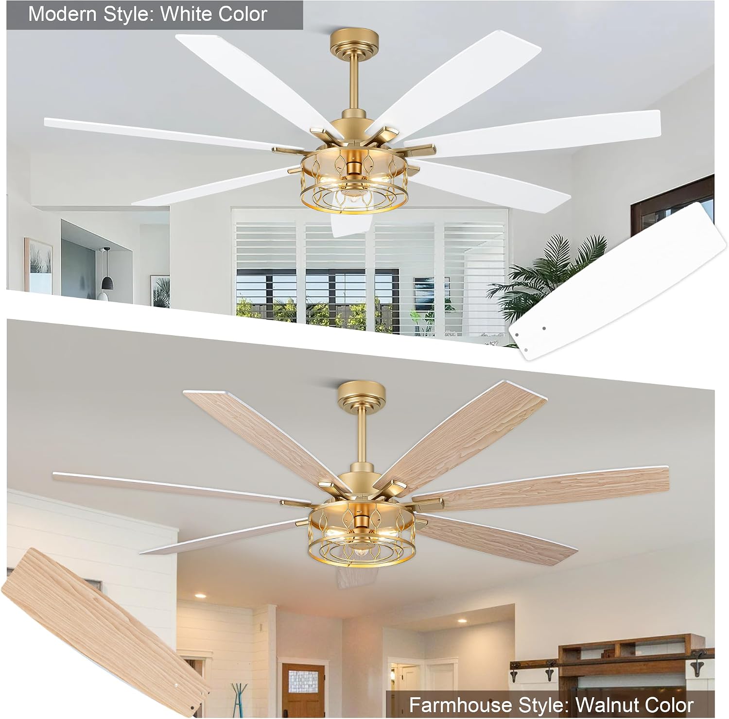 72 Inch White and Gold Ceiling Fan with Lights Fandelier Ceiling Fan Modern Caged Chandelier Farmhouse Fandeliers with Lights and Remote for Living Room Indoor Outdoor, Reversible 6 Speeds