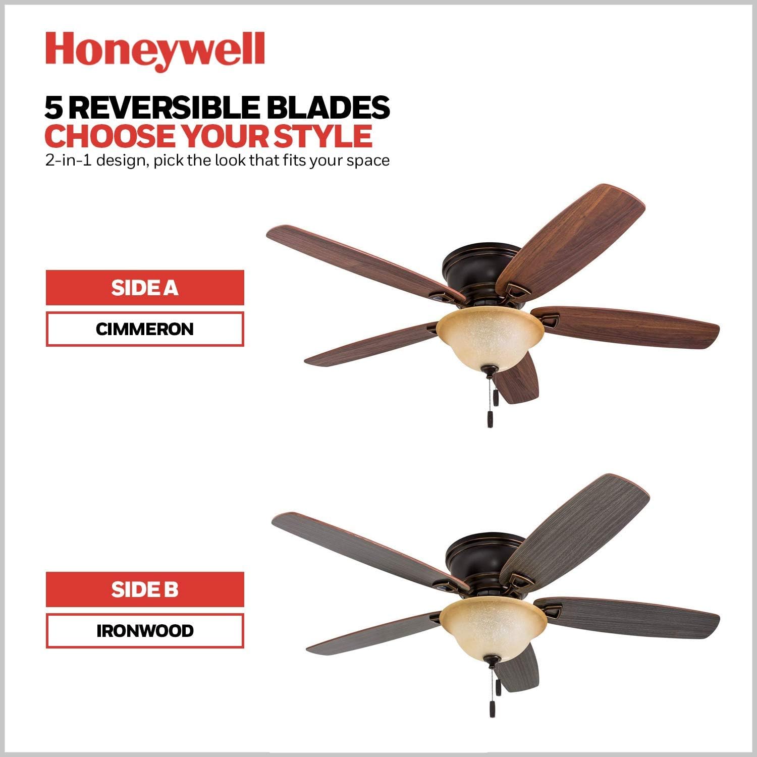 Honeywell Glen Alden 52 Inch Indoor LED Ceiling Fan with Bowl Light, Pull Chain Control, 5 Dual-Finish Blades, Quiet Reversible Motor, White