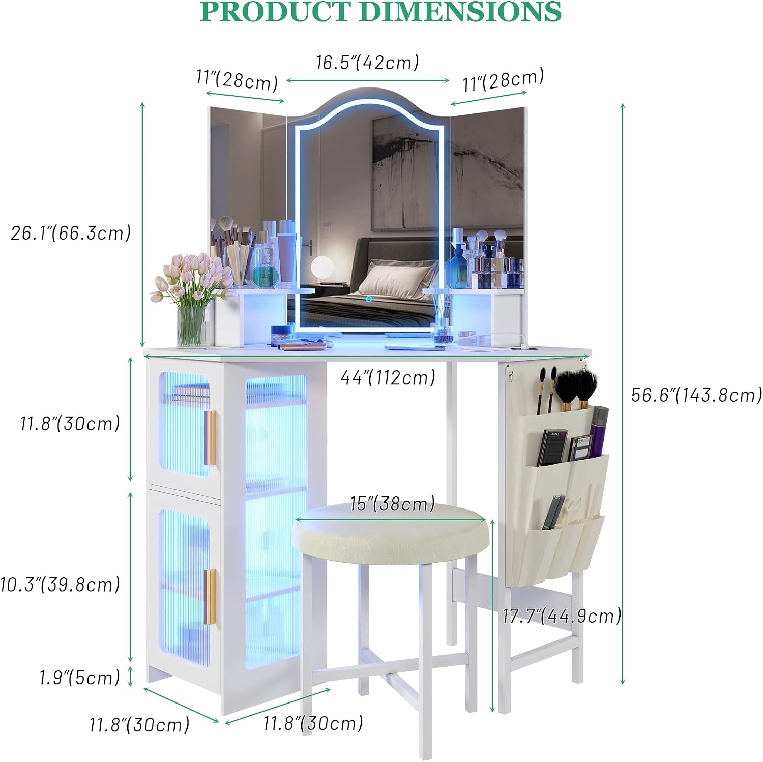 Lareth Corner Vanity Desk with 3 Way Mirror and Lights, Modern Makeup Vanity with Charging Station, 44' Large Bedroom Dressing Table with Stool & Shelves, Gifts for Girls Women, White