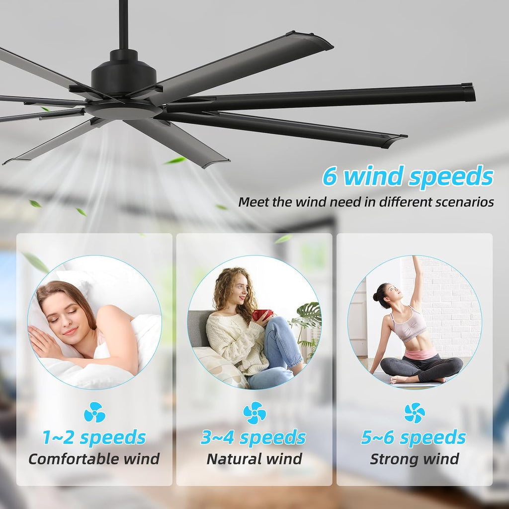 72 Inch Ceiling Fan No Light with Remote Control, 8 Blades Quiet DC Reversible Motor, 6-Speed, Timer, Black, Indoor Outdoor Ceiling Fans for Patios, Living Room, Garage