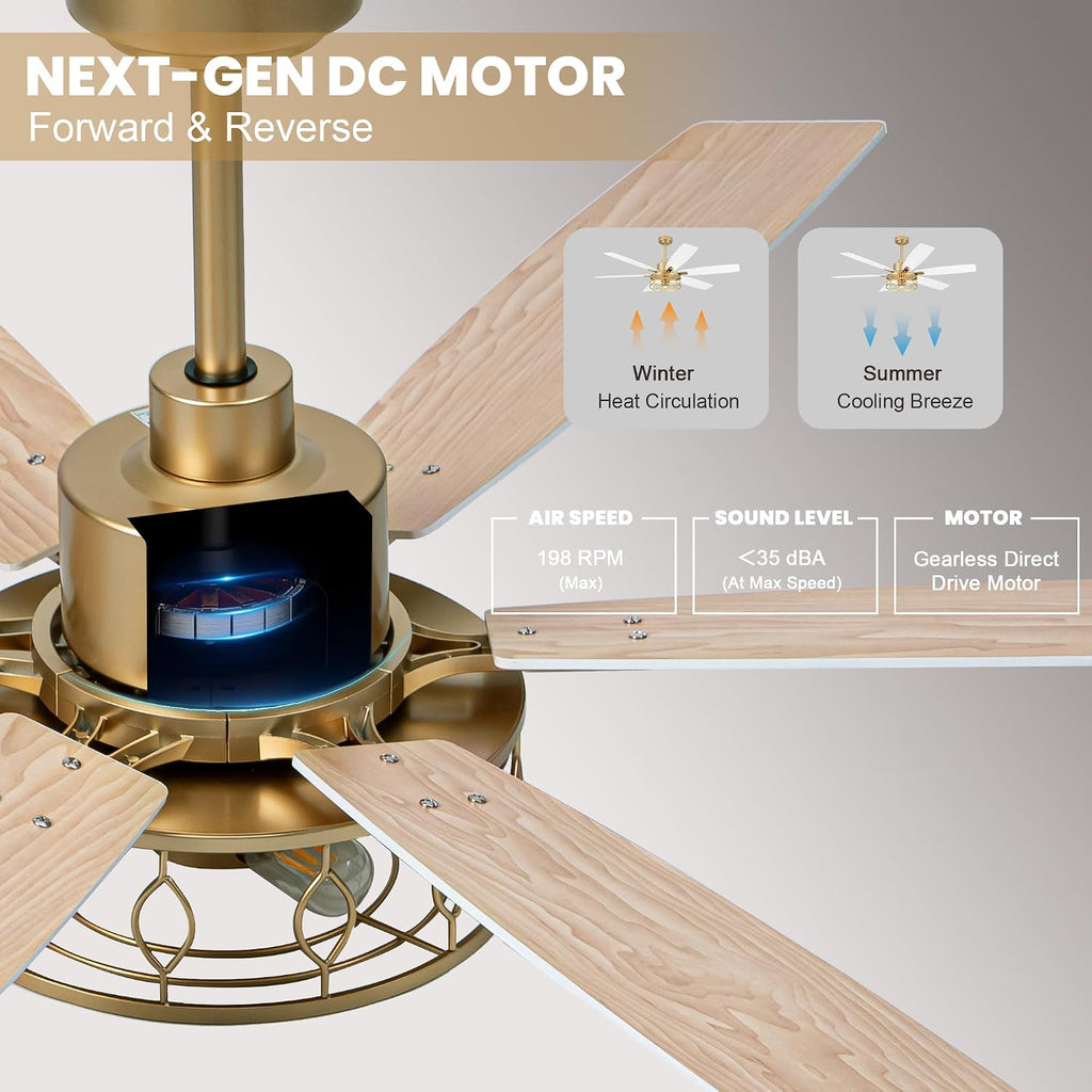 Dawn Whisper 60 Inch Ceiling Fans with Lights Gold Ceiling Fans with Remote Quiet Reversible DC Motor 6 Speeds Large Industrial Chandelier Fan for Living Room Bedroom