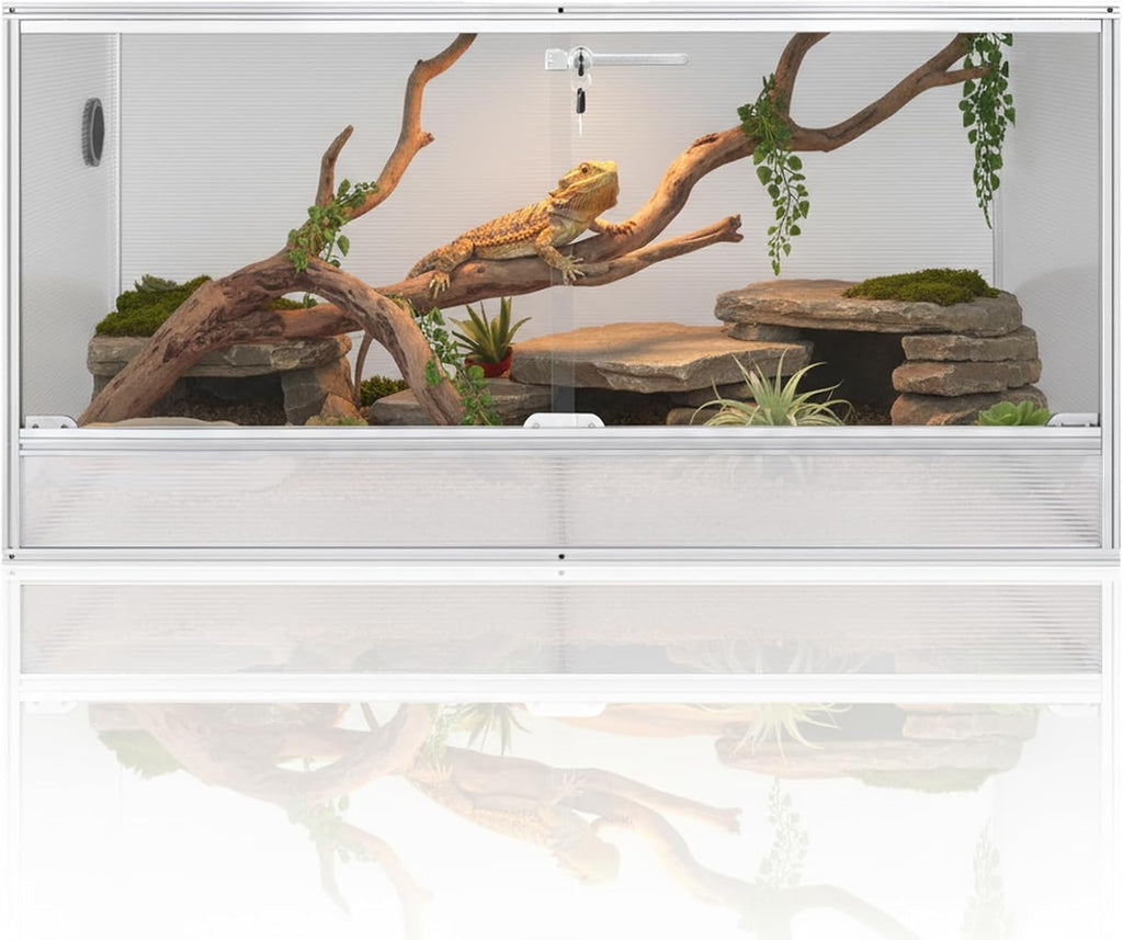 120 Gallon Bearded Dragon Tank, 48 x 24 x 24 Reptile Enclosure with Lockable Sliding Glass Doors and Top Screen Ventilation for Easy Maintenance