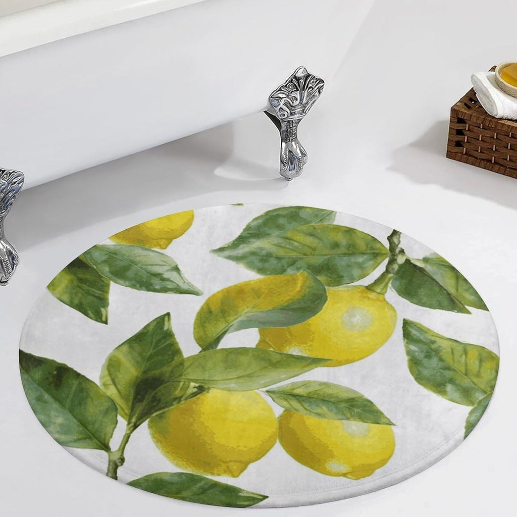 Lemon Branch Leaves Coral Velvet Round Floor Mat Non-Slip Bath Rug Floor Covering for Bathroom Vanity Guest Suite & Vacation Home