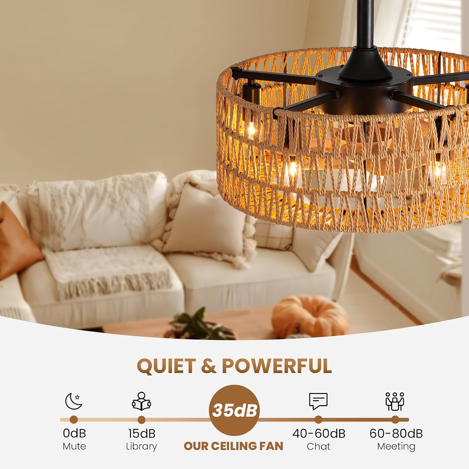 Boho Caged Ceiling Fan with Light, 18 inch Rattan Ceiling Fan with Light, Boho Fandelier, Farmhouse Fandelier Low Profile Cei ling Fan for Bedroom Kitchen Living Room Kids Room