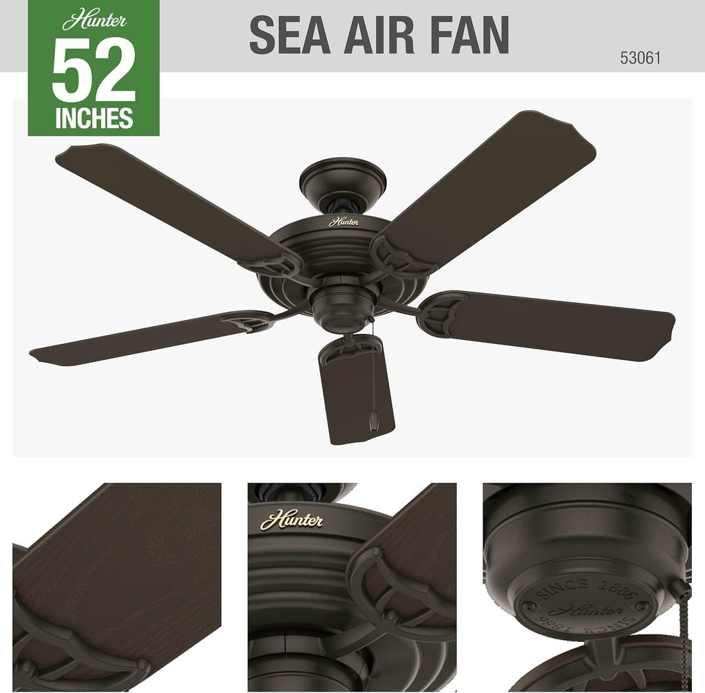 Hunter 52 inch Outdoor or Indoor Ceiling Fan No Light - Bronze Ceiling Fan without Light, For Patio, Porch, Garage, or Living Room, Standard Mount, 5 Blades, Pull Chain - Sea Air 53061, New Bronze