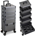 Yueieoun 5 in 1 Makeup Train Case, Cosmetology Case on Wheels Travel Make up Case Rolling Nail Cart Makeup Organizer Cosmetic Storage Box Cases Extra Large Trolley Truck, 360° Swivel Wheels, Ashy Grey