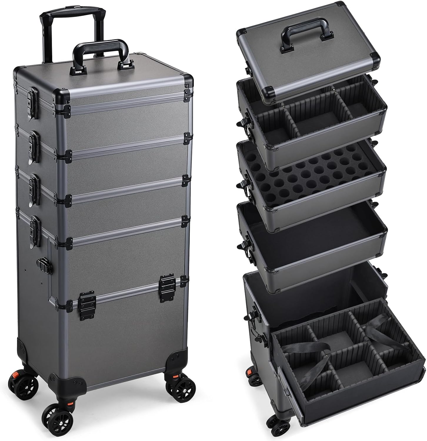 Yueieoun 5 in 1 Makeup Train Case, Cosmetology Case on Wheels Travel Make up Case Rolling Nail Cart Makeup Organizer Cosmetic Storage Box Cases Extra Large Trolley Truck, 360° Swivel Wheels, Ashy Grey