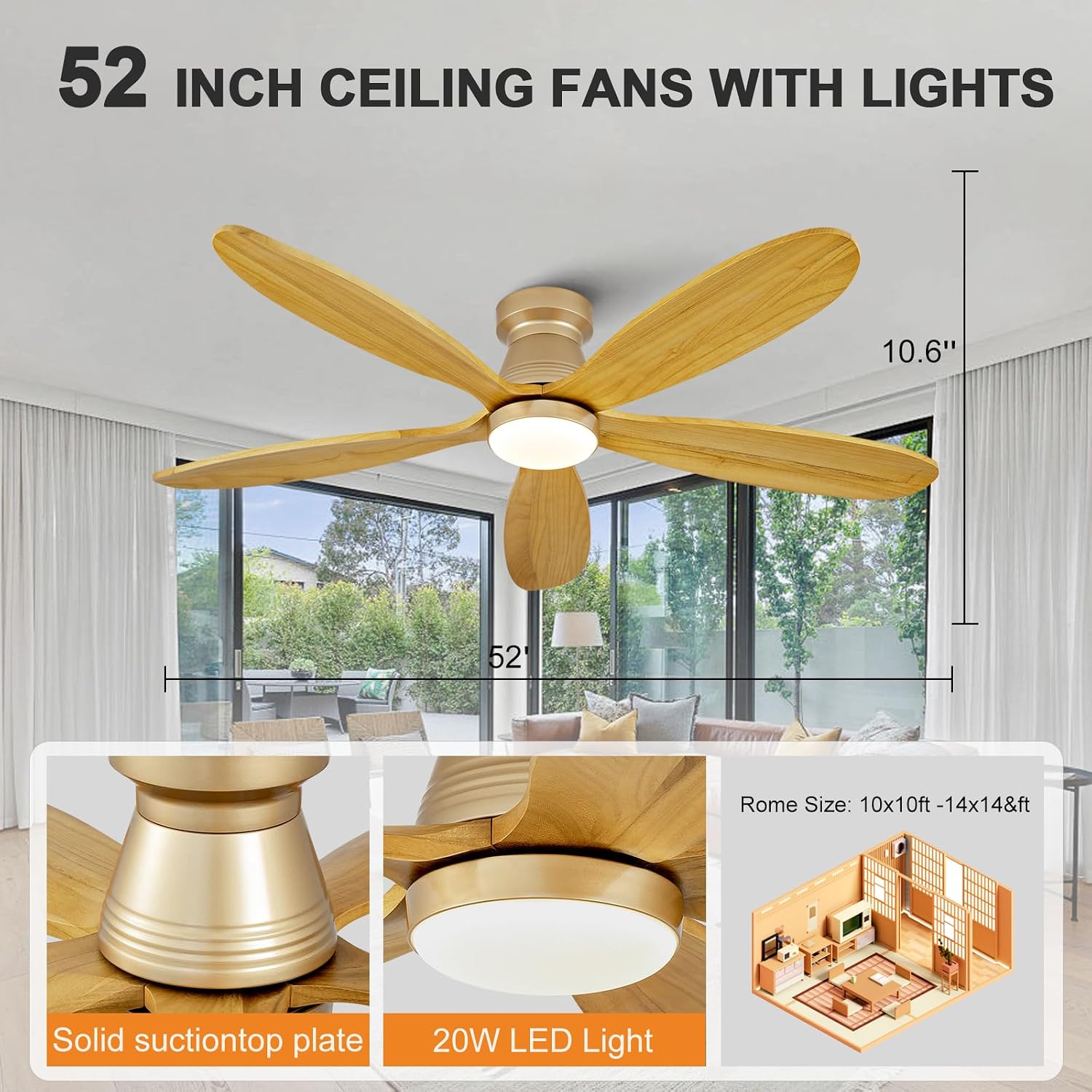 52 Inch Wood Ceiling Fans with Lights and Remote, Low Profile Flush Mount Modern Ceiling Fan with Light, 5 Blades, Dimmable, Wall Switch, Indoor Outdoor Black Ceiling Fan for Bedroom
