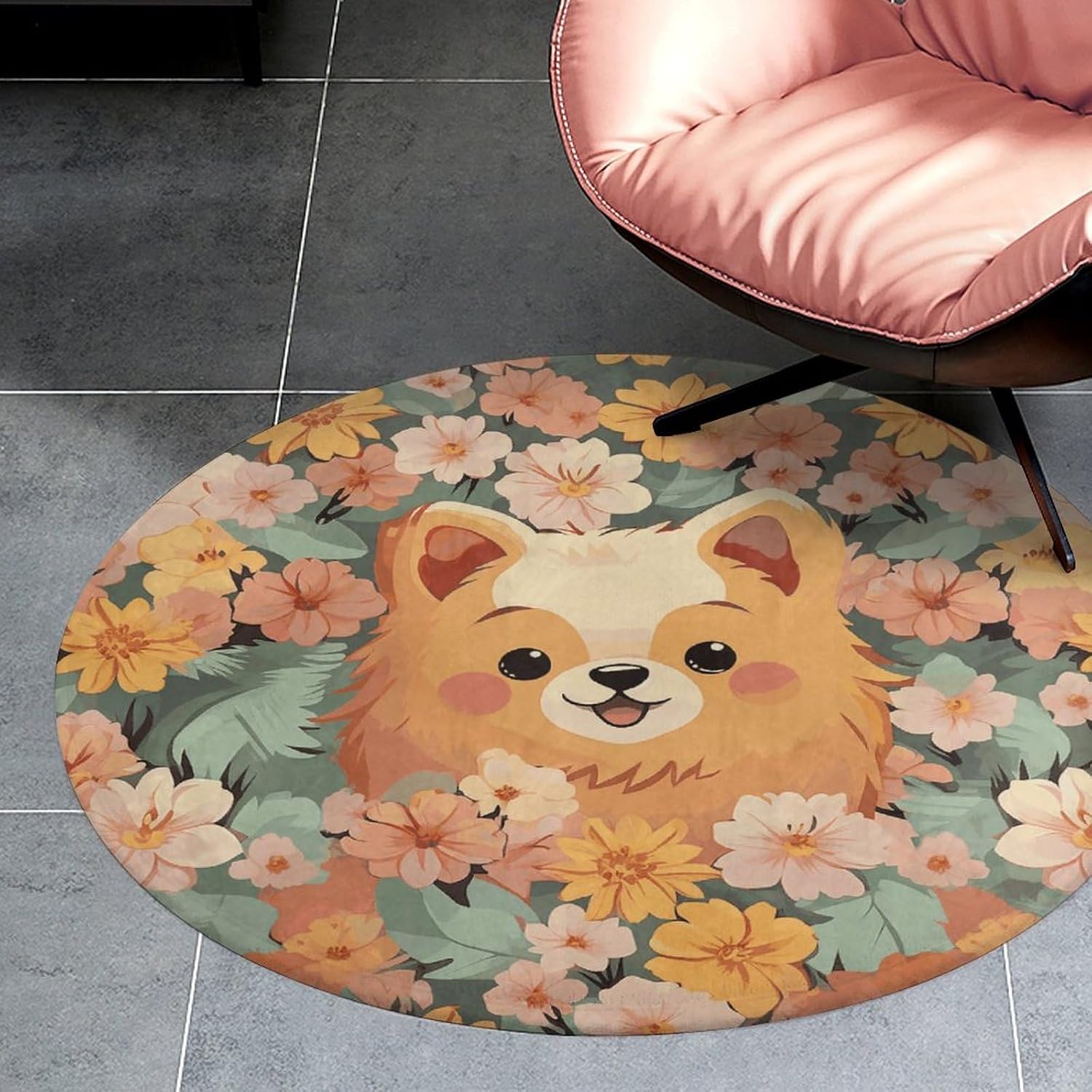 Pomeranians Cartoon Flowers Coral Velvet Round Floor Mat Non-Slip Bath Rug Floor Covering for Bathroom Vanity Guest Suite & Vacation Home