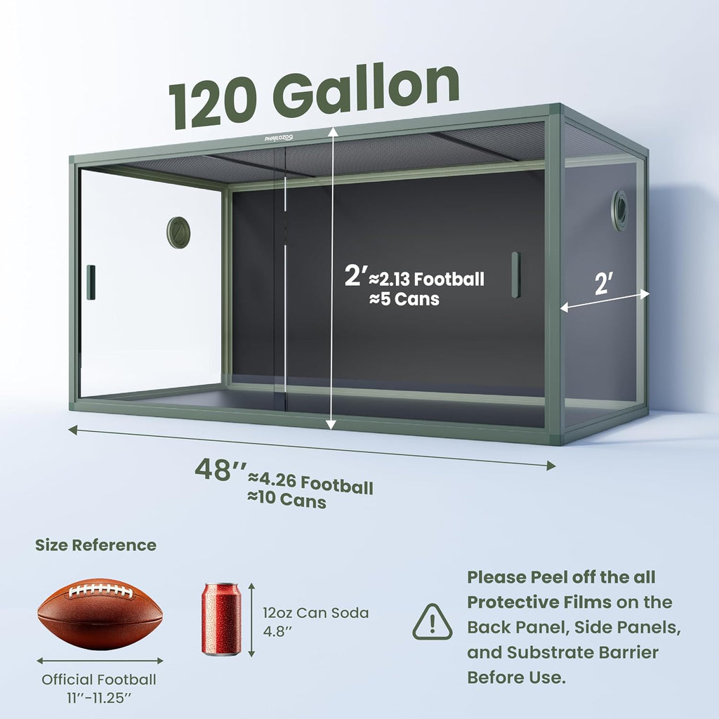 Phailozoo 120 Gallon Bearded Dragon Tank, Stackable Reptile Enclosure with Front Sliding Tempered Glass Doors, Easy Assembly Aluminum Frame Reptile Tank for Snake & Lizard