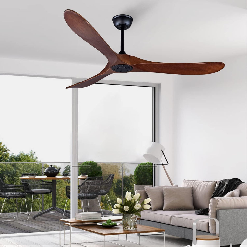 Bigzone 60' Outdoor Ceiling Fan Without Light, Energy Efficient DC Motor, 3 Solid Wood Blades, Wood Ceiling Fan with Remote Control, Reversible Blades