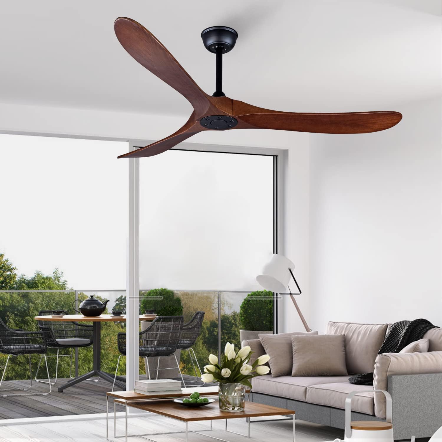 Bigzone 60' Outdoor Ceiling Fan Without Light, Energy Efficient DC Motor, 3 Solid Wood Blades, Wood Ceiling Fan with Remote Control, Reversible Blades