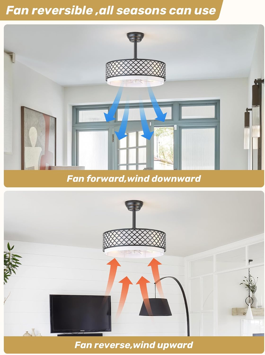 20' Black Fandelier Ceiling Fan with Lights, Rustic Farmhouse Caged Ceiling Fan with Light Remote Control, Rattan with 6 Speeds for Bedroom, Nursery, Living Room
