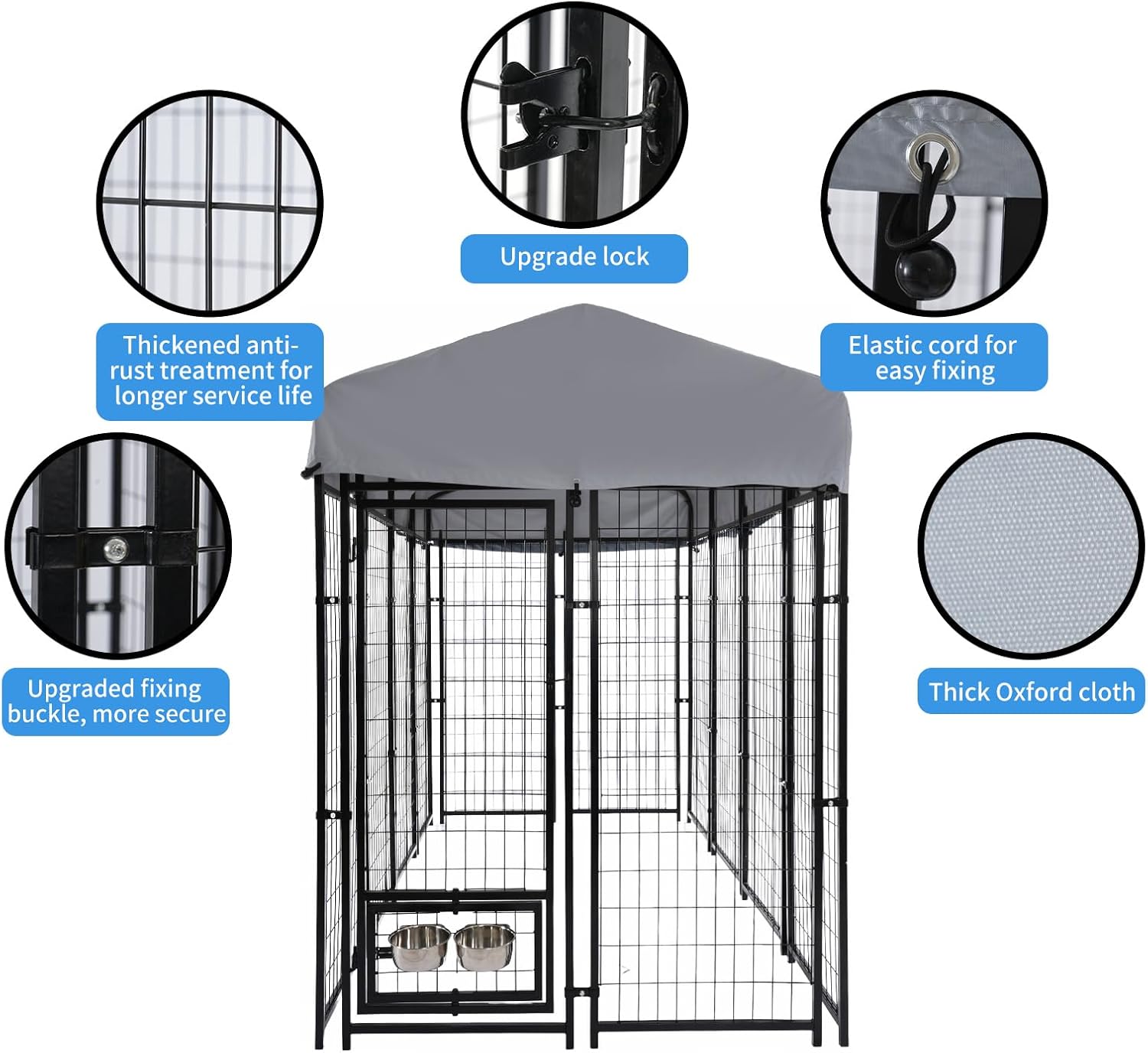 8x4x6 FT Dog Kennel Outdoor for Large Dogs - Heavy Duty Welded Steel Dog Playpen with Waterproof Roof, 360° Rotating Bowls, Latch-Lock Outdoor Dog Run Enclosure