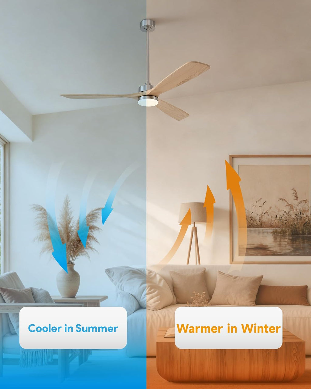 VONLUCE Wood Ceiling Fan with Lights, 60 Inch Ceiling Fan and Remote, 6 Speed Reversible Noiseless DC Motor, 3CCT, Solid Wood Outdoor Ceiling Fan for Patios Farmhouse, Nickel