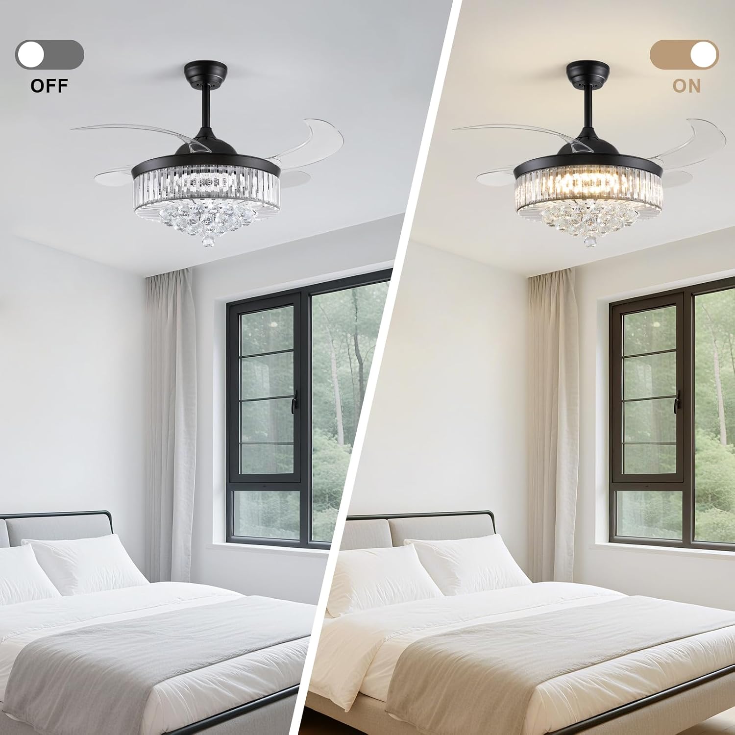 Fandelier Ceiling Fan with Light, 42'' Retractable Ceiling Fans,Crystal Chandelier Fan with LED Dimmable for Bedroom Living Room etc-Black