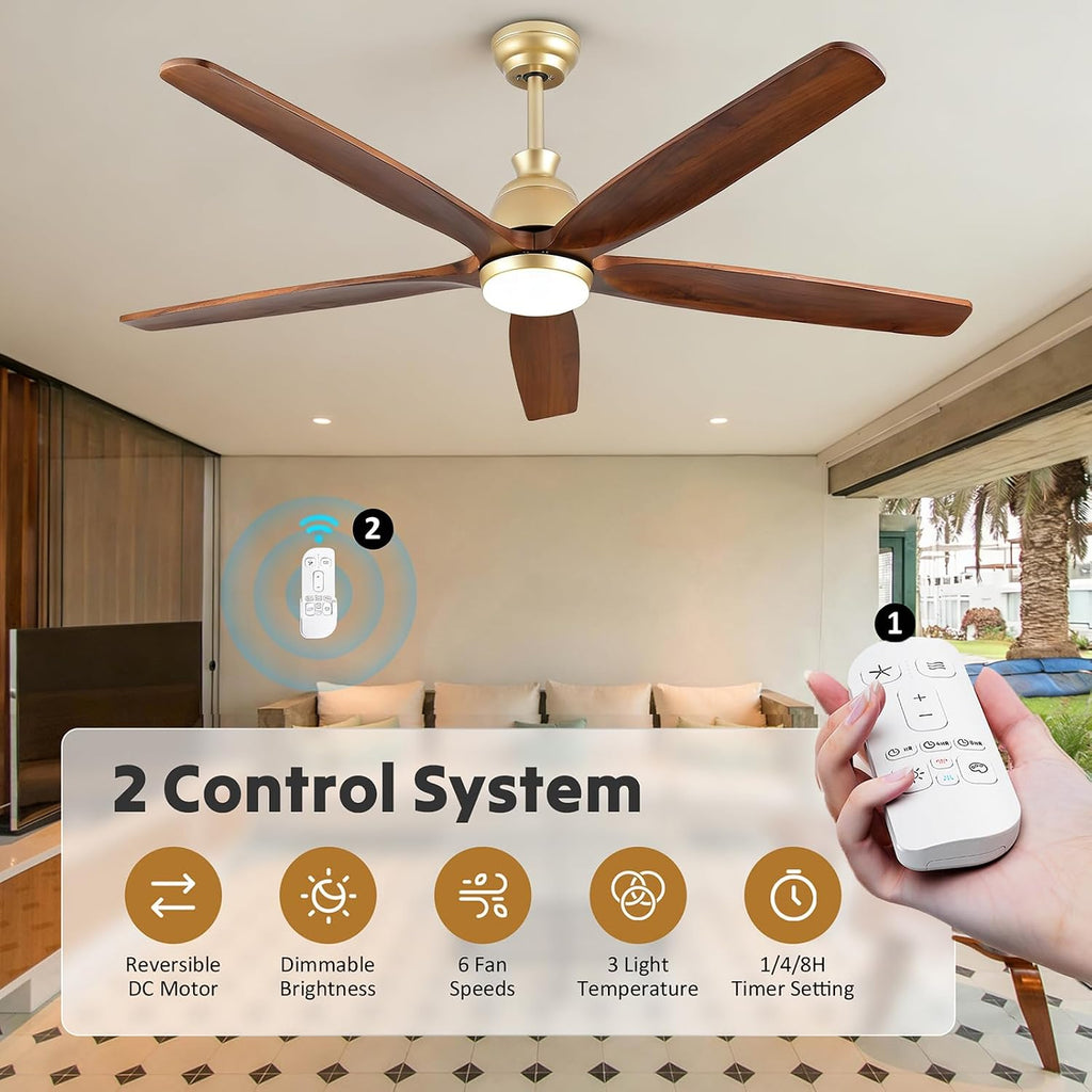 52 Inch Wood Gold Ceiling Fan with Light Remote, 5 Walnut Blades, Indoor Outdoor High CFM Propeller Damp Rated, Quiet Reversible DC Motor, for Modern Farmhouse Outside Patios Porch, 3 Downrods