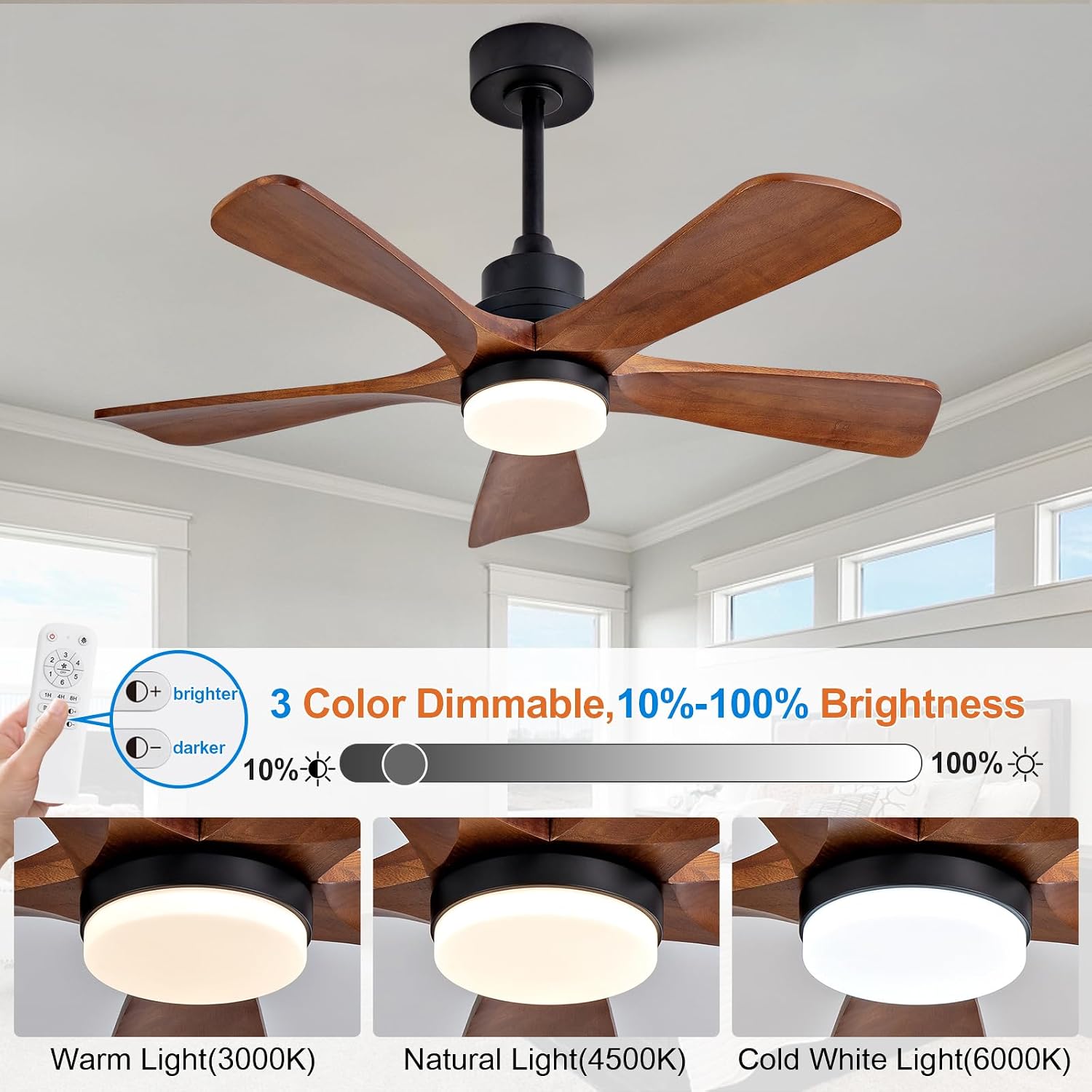 42 Inch Ceiling Fans with Lights and Remote Control, Outdoor Ceiling Fan for Patios, Black Ceiling Fan with Lights for Bedroom, Noiseless DC Motor, Dimmable Led 5 Solid Wood Blades