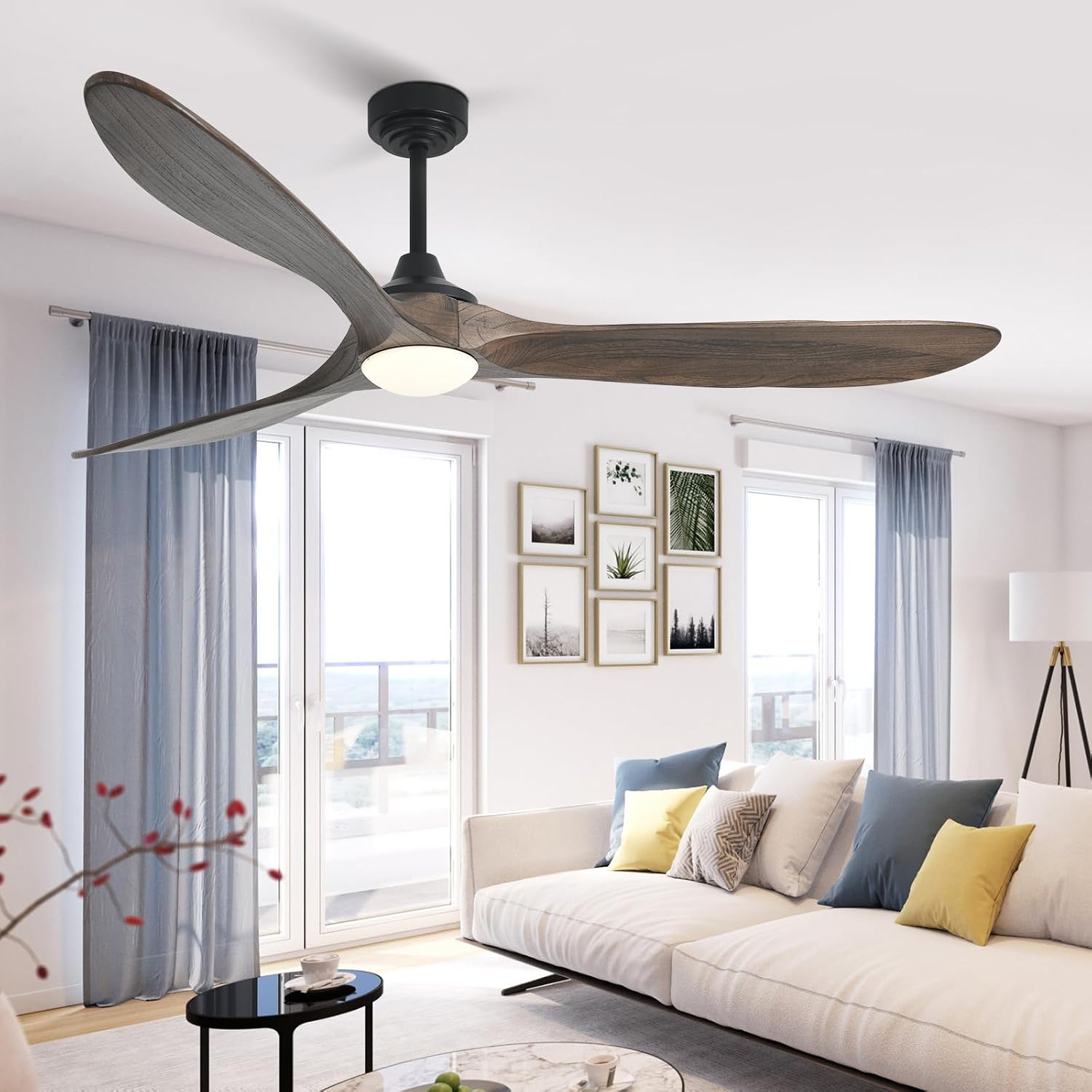 Ceiling Fan with Lights, 72'' Solid Wood Indoor/Outdoor Ceiling Fan with Quiet Reversible DC Motor, Compatible with Alexa/Google, 3CCT Dimmable, 6 Speeds Dark Brown Outdoor Fan for Patio Porch