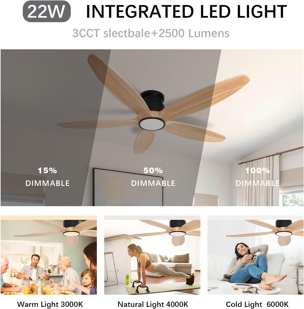Wood Ceiling Fan with Lights, 52Inch Flush Mount Ceiling Fan with Remote Control, 5 Blades, DC Motor,3CCT,Natural Wooden Ceiling Fans for Bedroom, Living Room, Home Office,Indoor