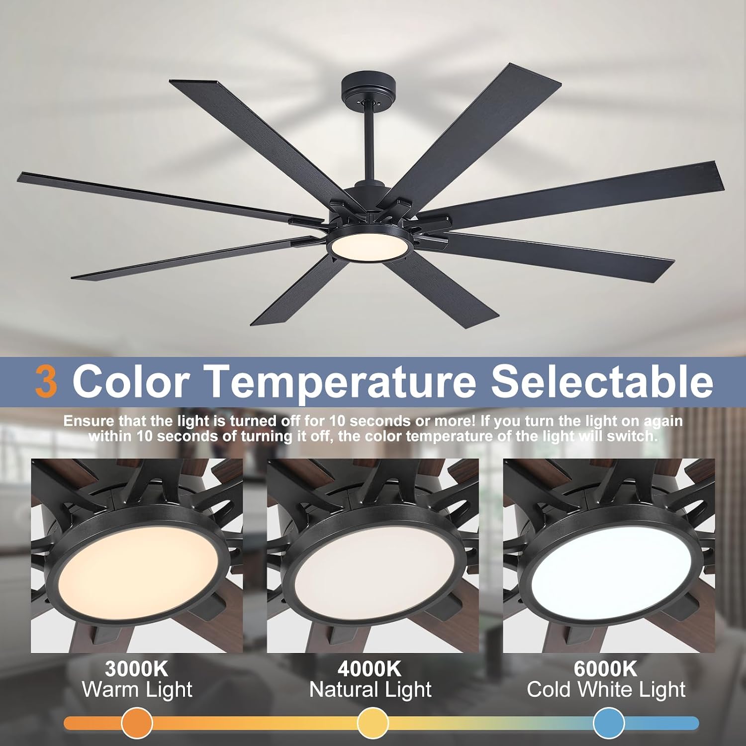 72 Inch Large Ceiling Fans with Lights and Remote Industrial Black Modern Ceiling Fans for Patios Living Room Garage Shop Indoor/Outdoor 6 Speed Reversible Quiet DC Motor, 3 CCT, Dual Finish 8 Blades