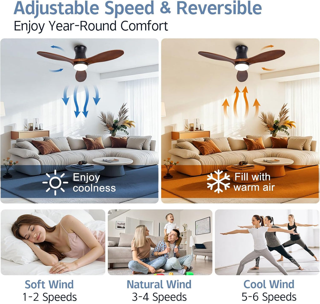 42' Smart Ceiling Fans with Lights and Remote, Compatible with Voice WIFI Alexa App Control,Solid Wood Blades,Reversible,6 Speed,Dimmable,Indoor/Outdoor Ceiling Fans for Living Room,Bedroom,Patio