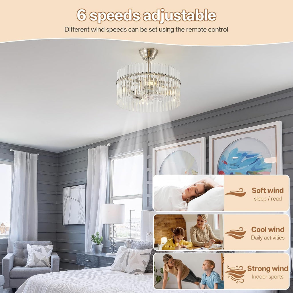 20' Silver Crystal Fandelier Ceiling Fans with Lights, Silver Crystal Chandelier Ceiling Fan with Light Remote Control, 6 Speeds for Bedroom, Living Room, Nursery