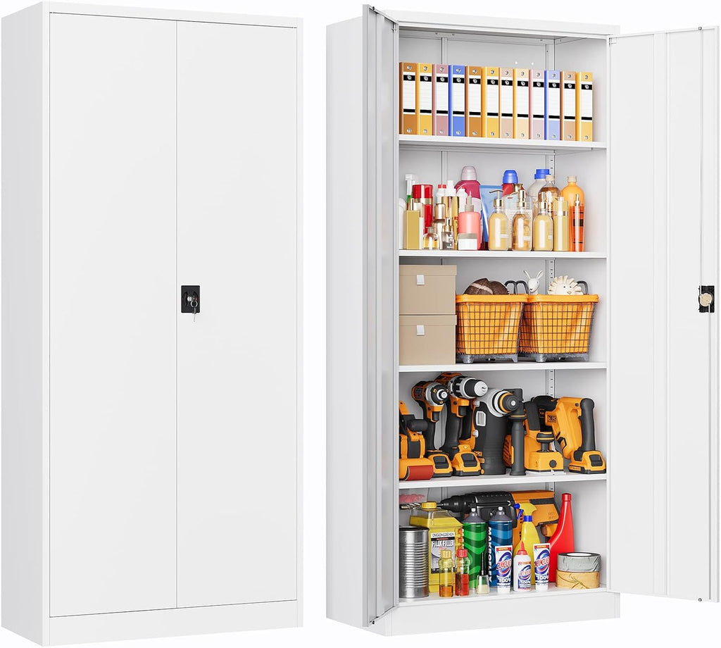 Metal Storage Cabinet with Lock,Lockable Garage Cabinet with 2 Doors and 5 Adjustable Shelves,Tall Steel Cabinets for Garage,Workshop,Gym,School