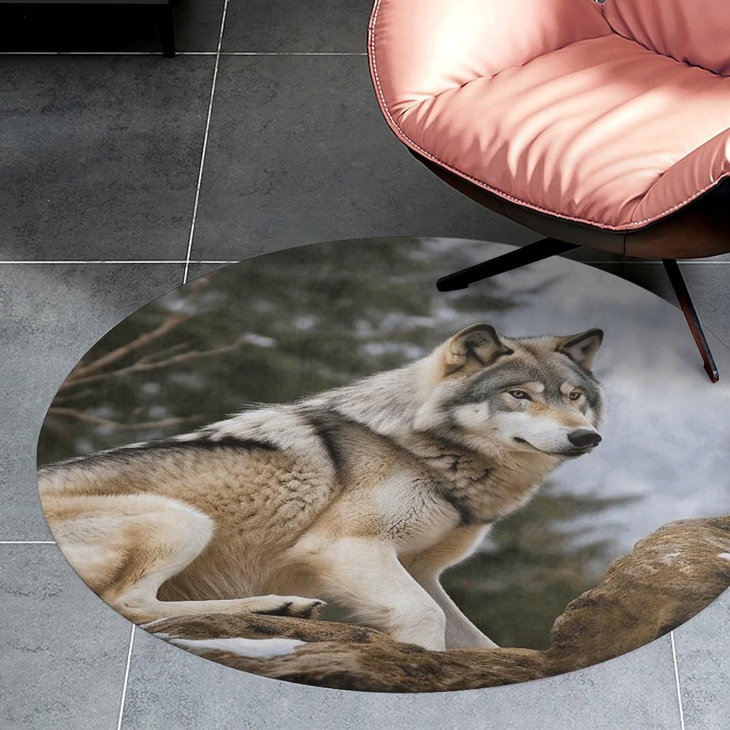 Snow Mountain Wild Wolf Coral Velvet Round Floor Mat Non-Slip Bath Rug Floor Covering for Bathroom Vanity Guest Suite & Vacation Home