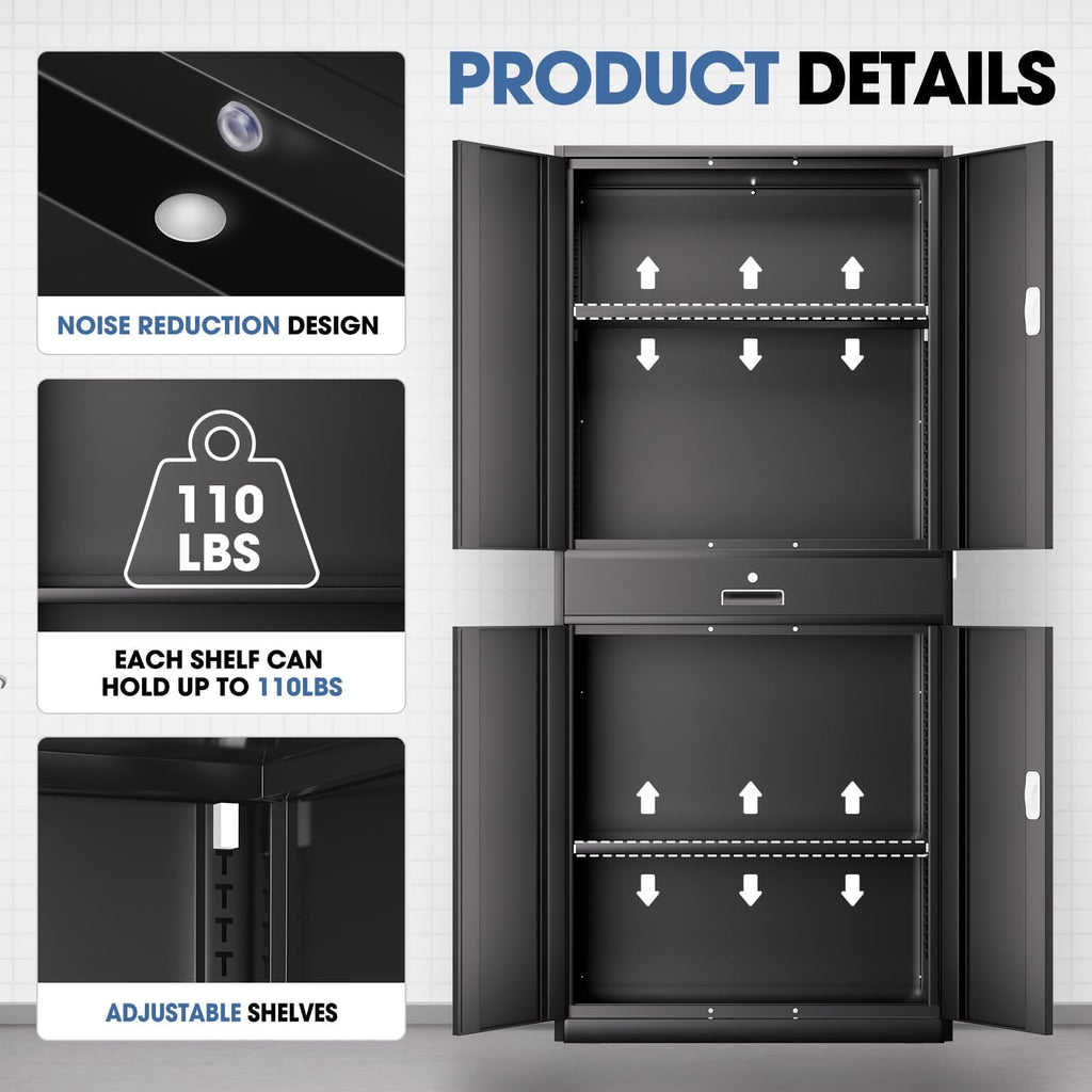 DNA Motoring 71'' Metal Storage Cabinet, Locking Tool Cabinet with 1 Drawer and Adjustable Shelves, Lockable Heavy Duty Metal Locker for Garage,Office,Home,Gym, Black, TOOLS-00629-BK-BK-A