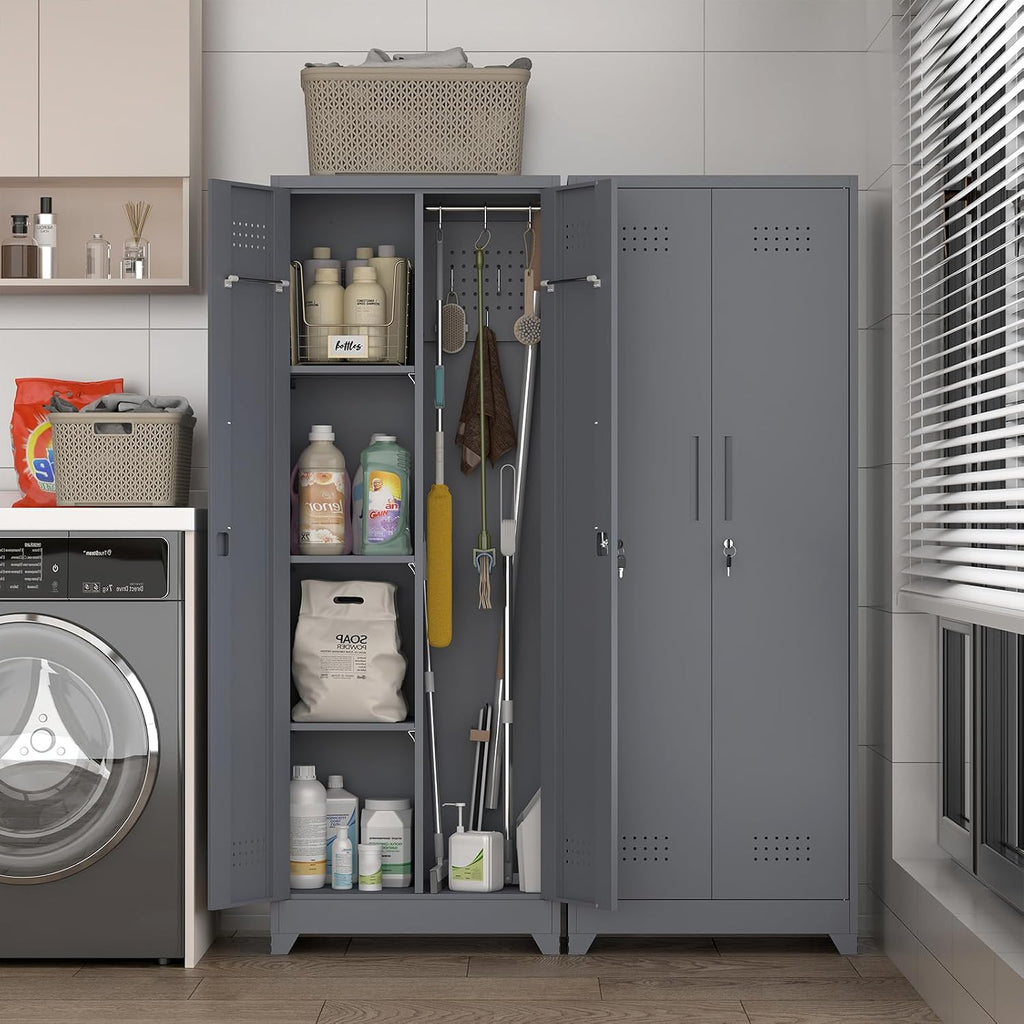 IRONFFICE Metal Lockable Storage Cabinet,Tall Garage Storage Cabinets with 2 Doors,Locking Cabinets for Office,Home,Utility Room,Grey