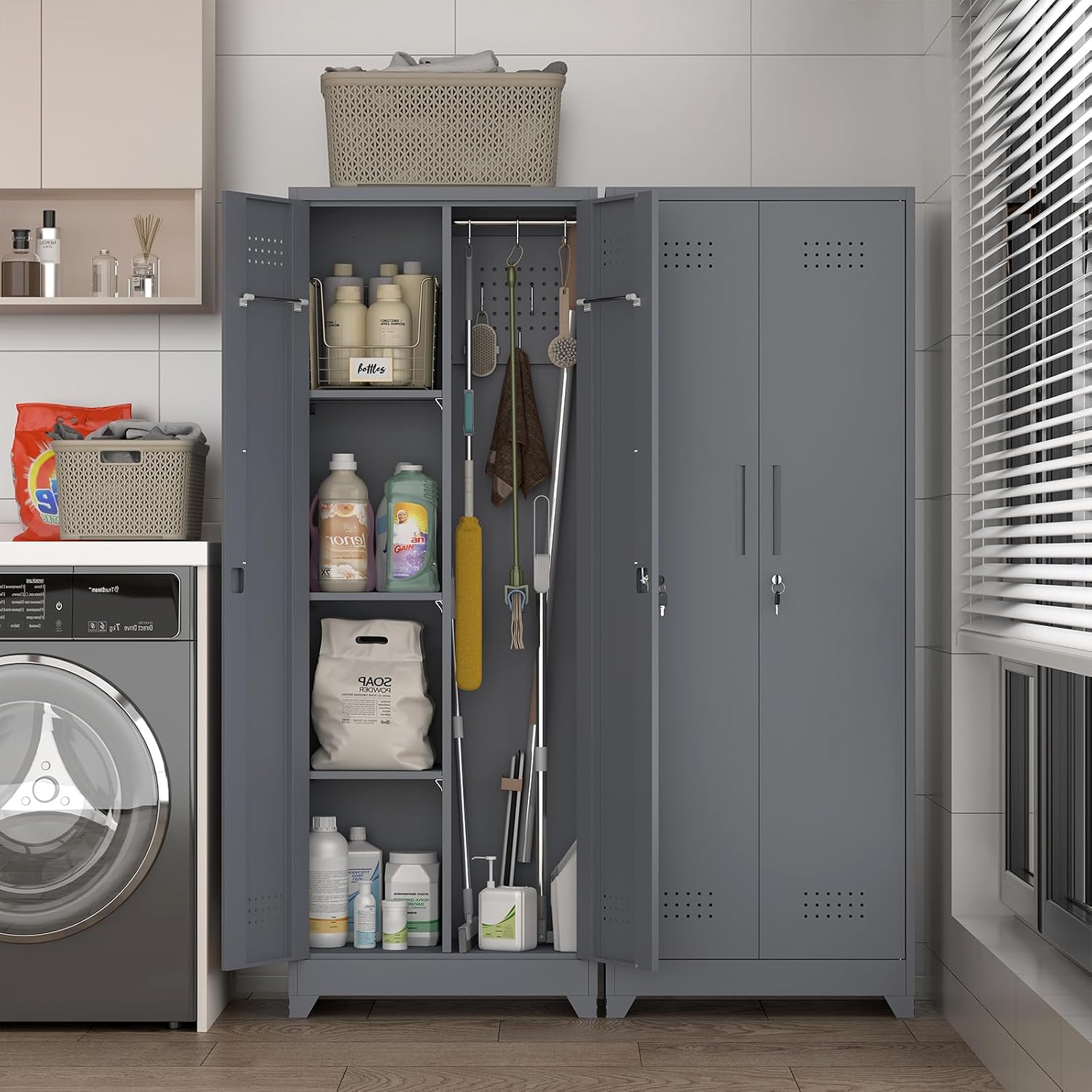 IRONFFICE Metal Lockable Storage Cabinet,Tall Garage Storage Cabinets with 2 Doors,Locking Cabinets for Office,Home,Utility Room,Grey