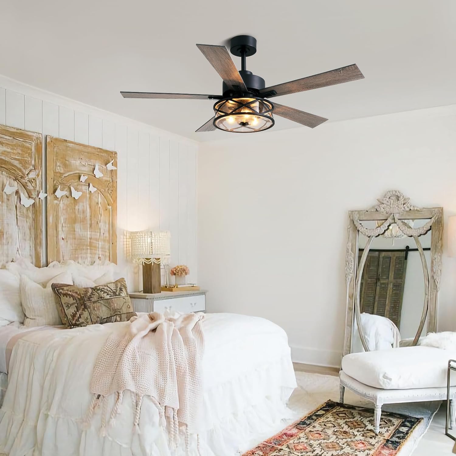 Farmhouse Ceiling Fans with Lights and Remote Control, 52 Inch Rustic Fandelier Ceiling Fan with Bubble Glass Shade 6-Speed Caged Ceiling Fan for Living Dining Room Bedroom,Walnut/Brown