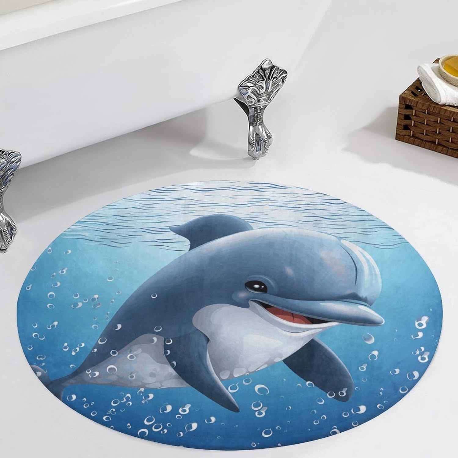 Baby Dolphin Coral Velvet Round Floor Mat Non-Slip Bath Rug Floor Covering for Bathroom Vanity Guest Suite & Vacation Home
