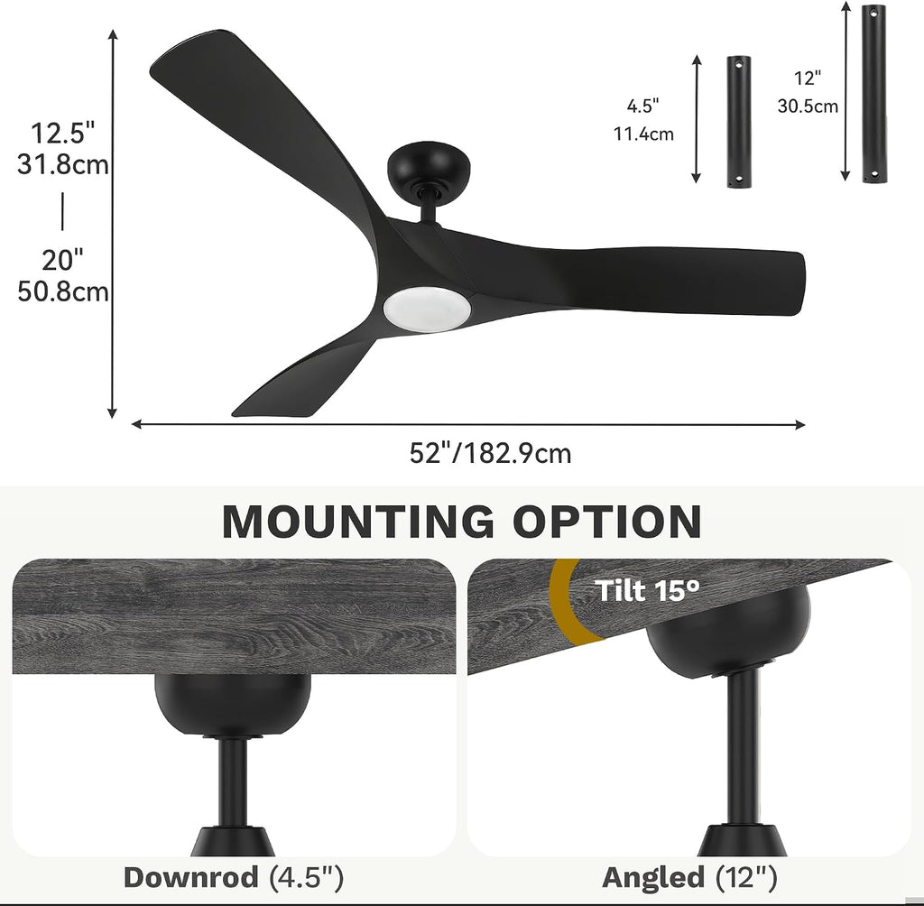 DWVO Ceiling Fan with Light, 52' Ceiling Fan with Remote, LED Tri-Color Temperature, 3 Blade Ceiling Fans Reversible 6 Speeds w/Quiet DC Motor for Bedroom, Living Room, Dining Room, Patio